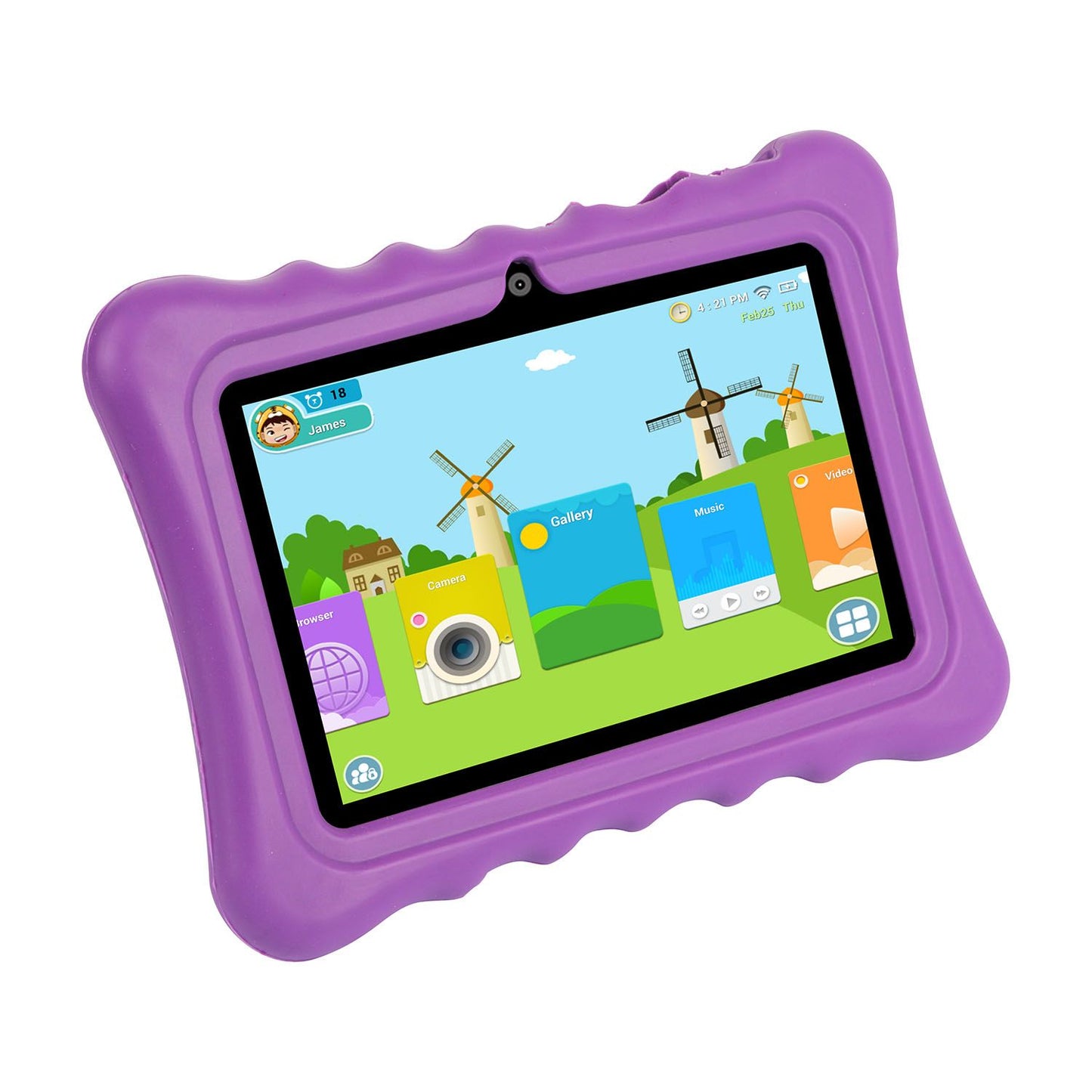Child playing with a purple shock-resistant silicone tablet case, enjoying interactive features.