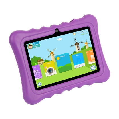 Child playing with a purple shock-resistant silicone tablet case, enjoying interactive features.