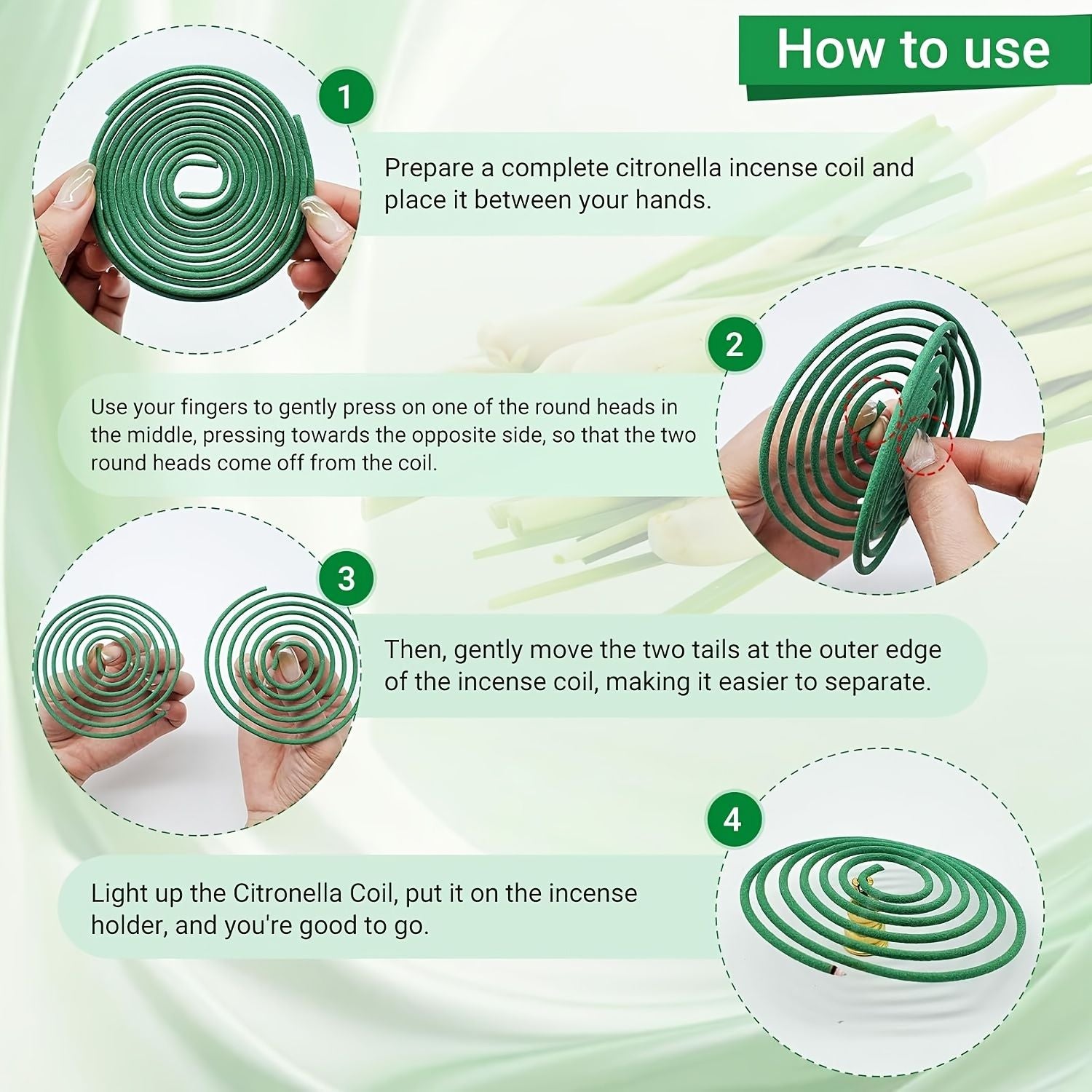 50pcs Spiral Incense Coils, Lemongrass, Rose, Jasmine, Lavender & Orange Aromatherapy, 3-4 Hour Burn instructional image showing how to prepare, separate, and light a coil
