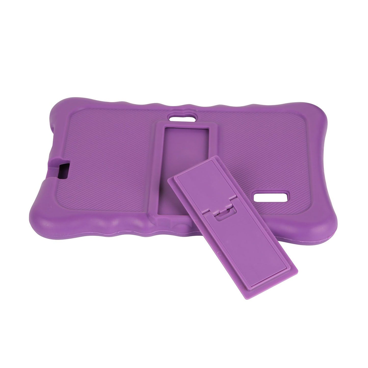 Close-up on built-in stand of a purple shock-resistant silicone tablet case, presenting viewing options.