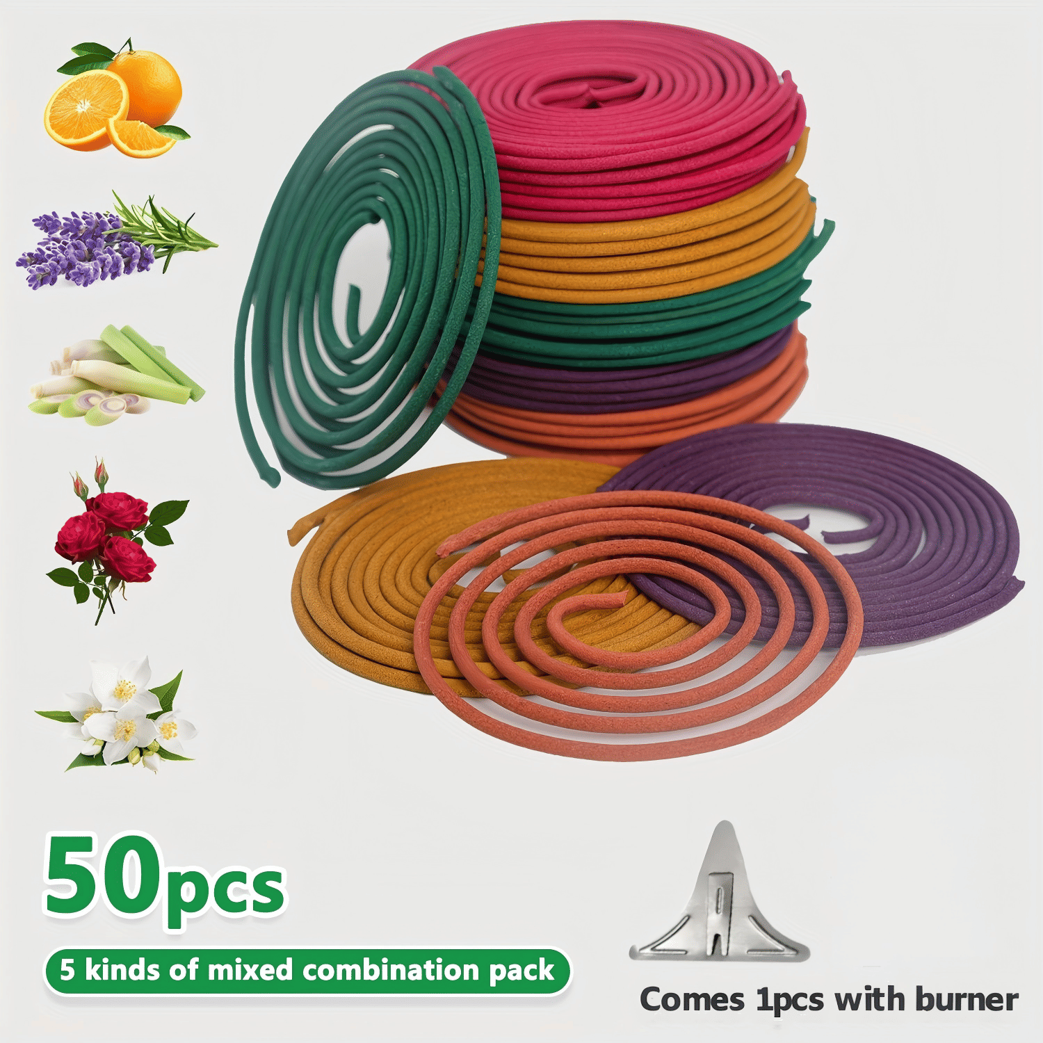 50pcs Spiral Incense Coils, Lemongrass, Rose, Jasmine, Lavender & Orange Aromatherapy, 3-4 Hour Burn displayed as assorted colorful coils with scent illustrations