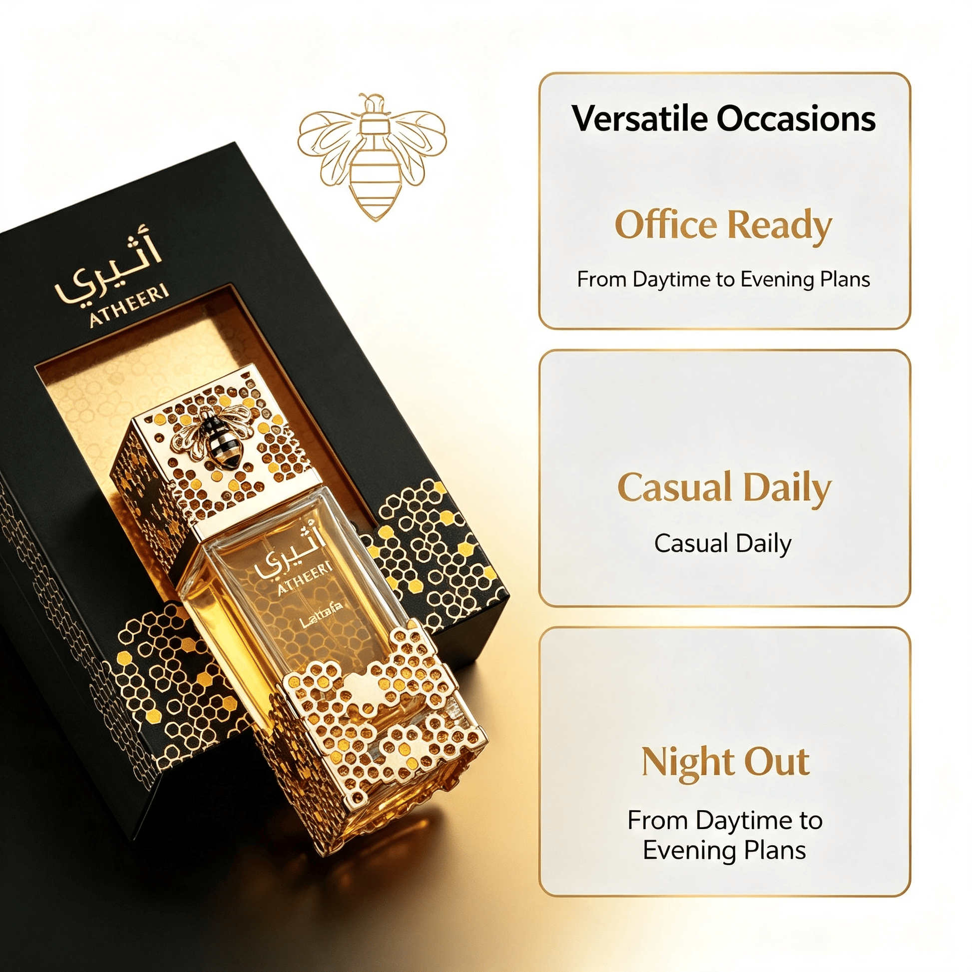 Unisex Eau de Parfum 100ml, Luxurious Honey Bee Carved Bottle suitable for versatile occasions from office to nightlife.
