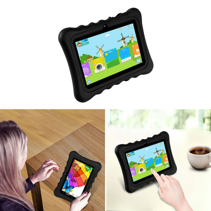 Multiple angles of a 7-inch tablet in shock-resistant silicone case with stand, perfect for multimedia use.