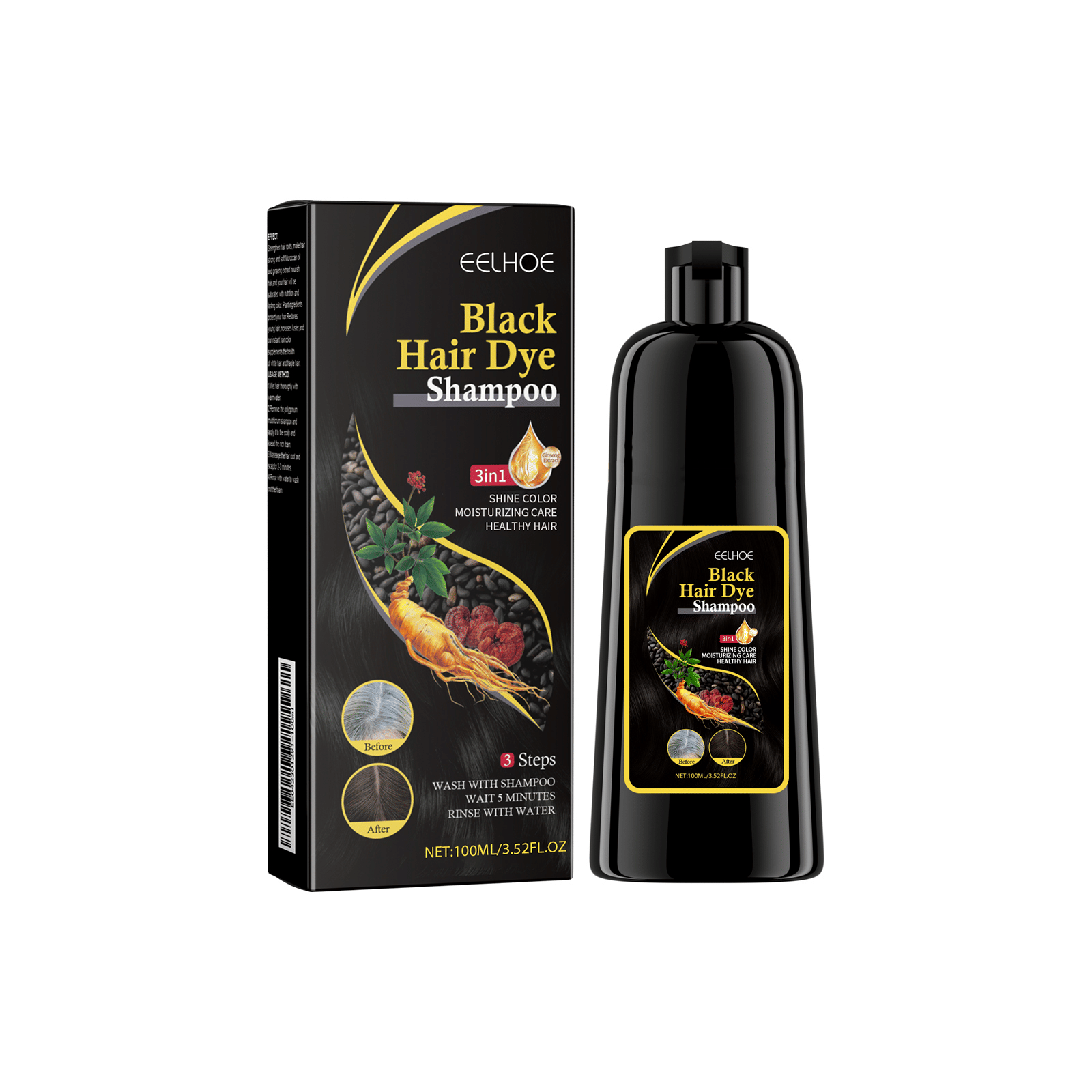 Natural 3-in-1 Hair Color Shampoo with Plant Extracts for Gray Coverage promoting its convenience for effortless hair coloring.