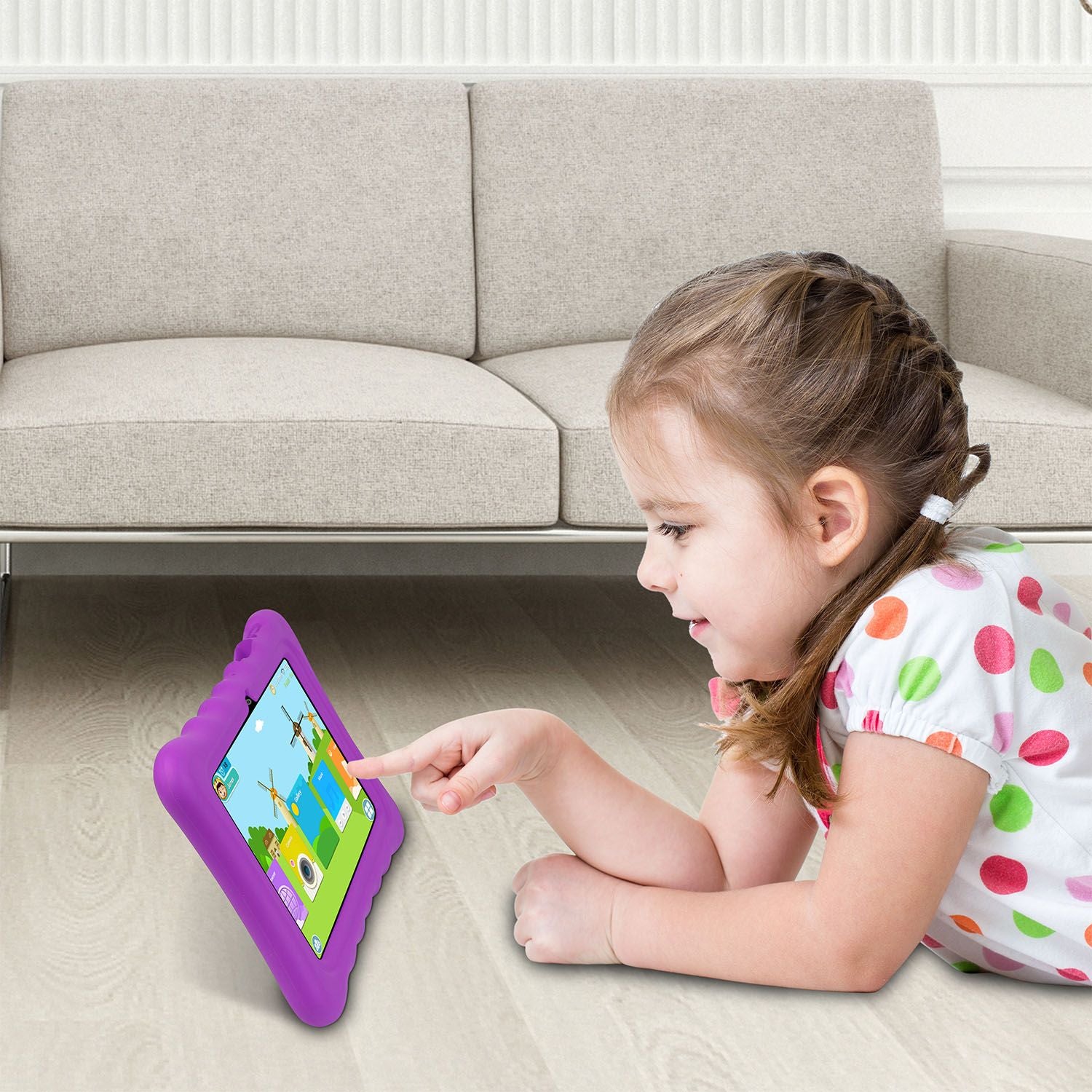 Young girl using a 7-inch tablet in a purple shock-resistant silicone case with stand.