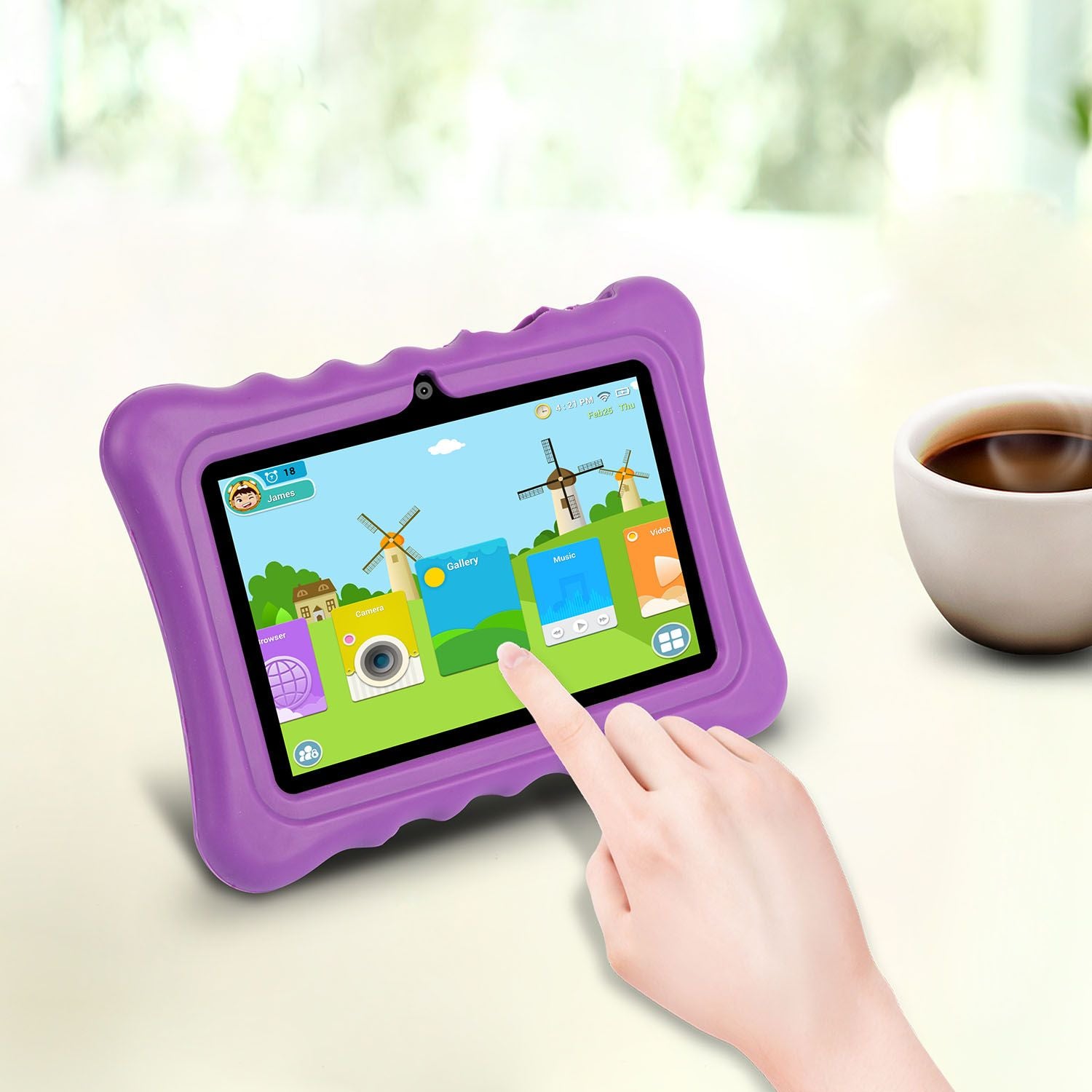 Back of a purple shock-resistant silicone tablet case with stand, illustrating excellent design and function.