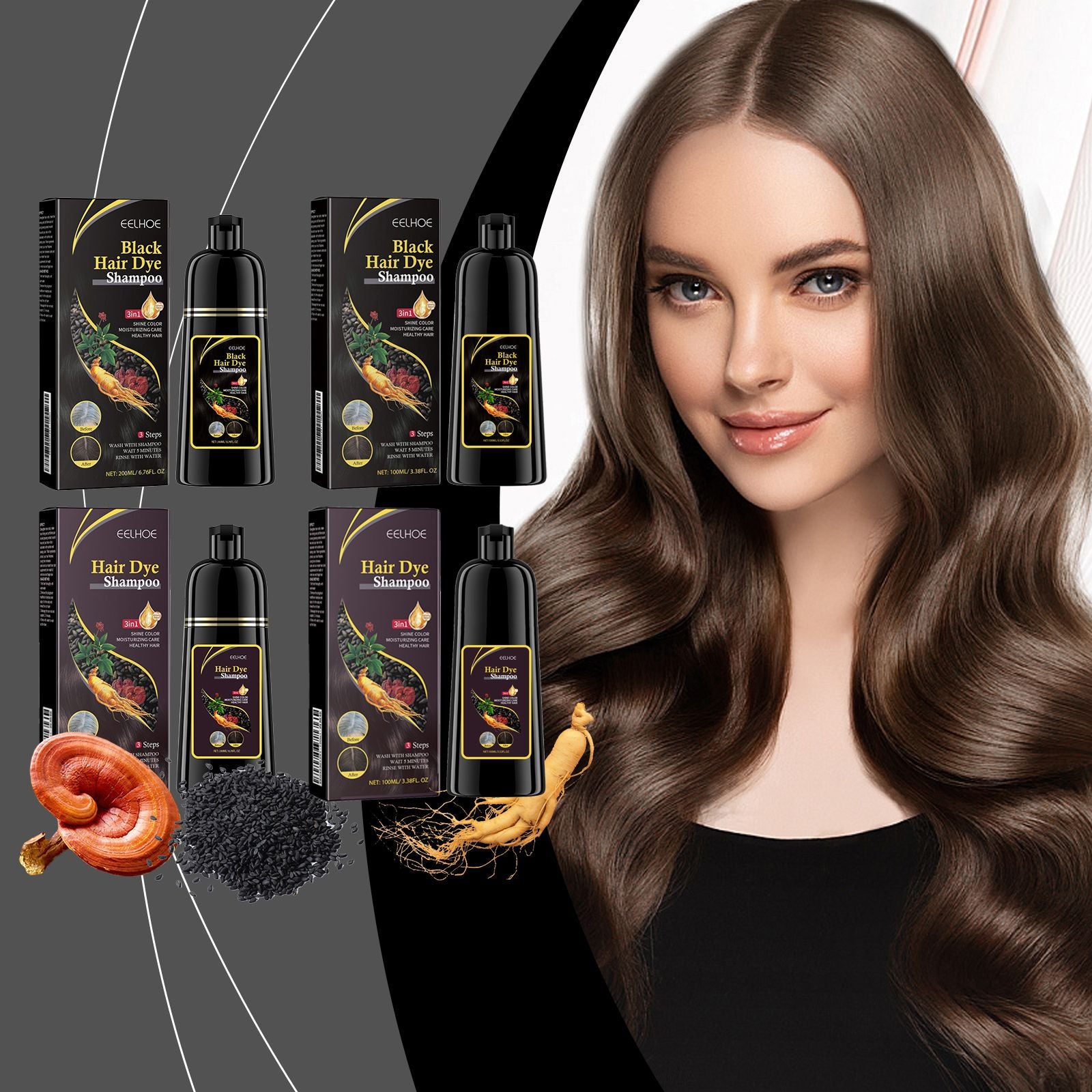 Natural 3-in-1 Hair Color Shampoo with Plant Extracts for Gray Coverage displayed with benefits of ginseng and ganoderma, showcasing its nourishing properties for vibrant hair.