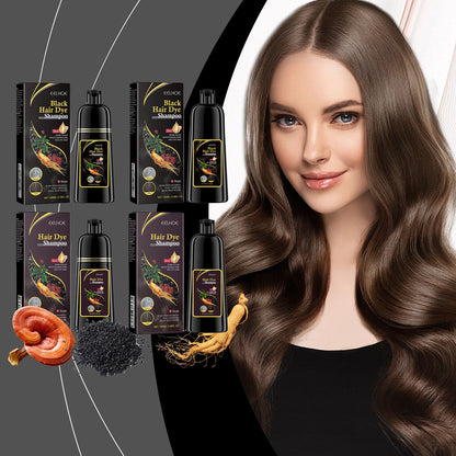 Natural 3-in-1 Hair Color Shampoo with Plant Extracts for Gray Coverage displayed with benefits of ginseng and ganoderma, showcasing its nourishing properties for vibrant hair.
