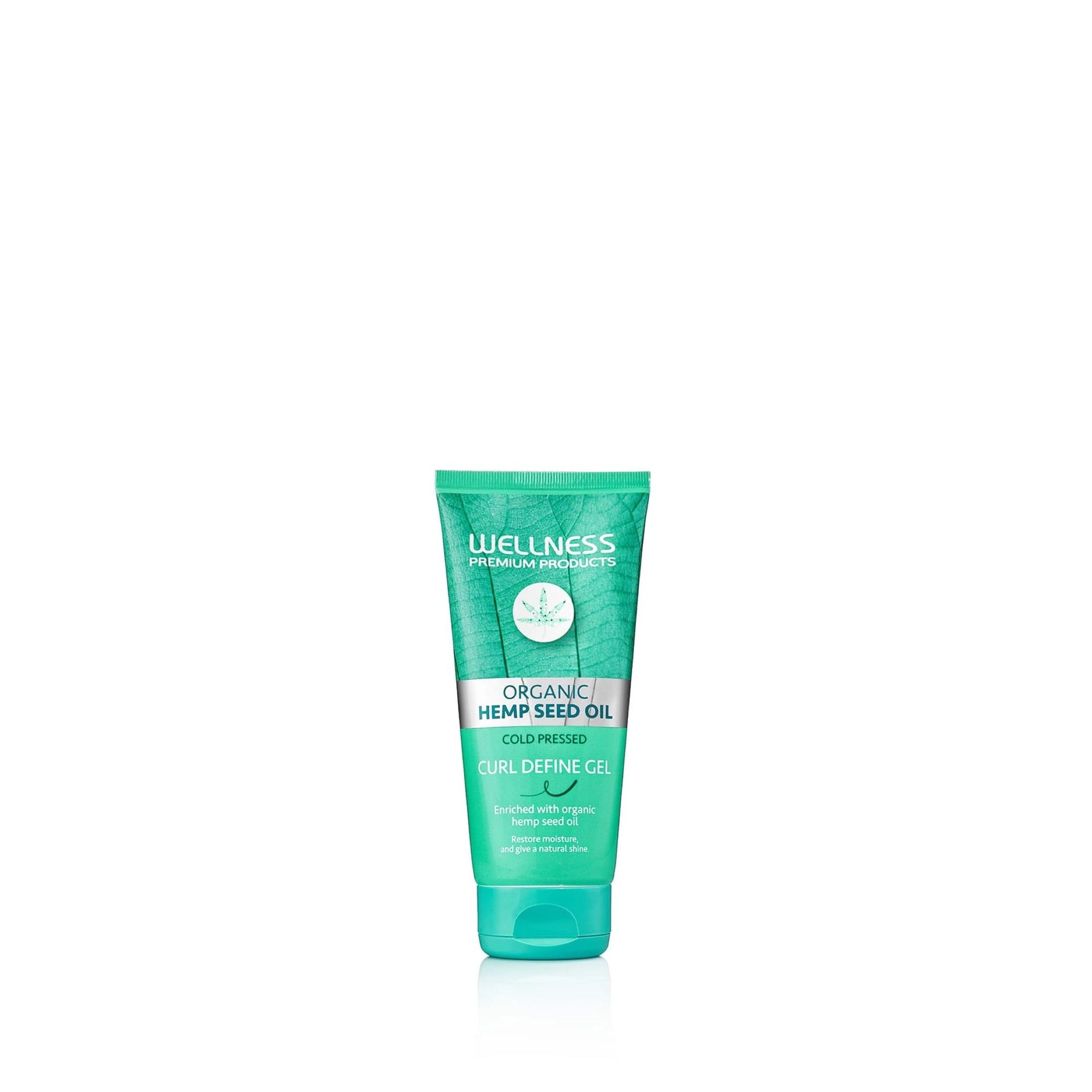 Hydration Curl Define Gel 180ml featuring organic hemp oil hair gel for frizz control and soft, defined curls in a green tube.