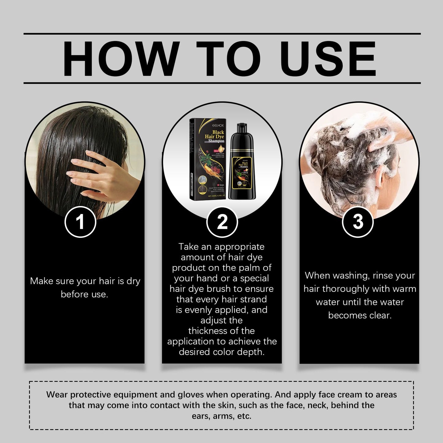 Natural 3-in-1 Hair Color Shampoo with Plant Extracts for Gray Coverage instructions on application for easy use at home.