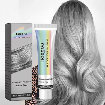 Vibrant Silver Hair Color Cream packaging with a model showcasing beautiful silver hair, 100g DIY application for long lasting hair color.