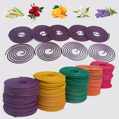 50pcs Spiral Incense Coils, Lemongrass, Rose, Jasmine, Lavender & Orange Aromatherapy, 3-4 Hour Burn mixed pack arranged in rows with floral, herbal, and citrus scent icons