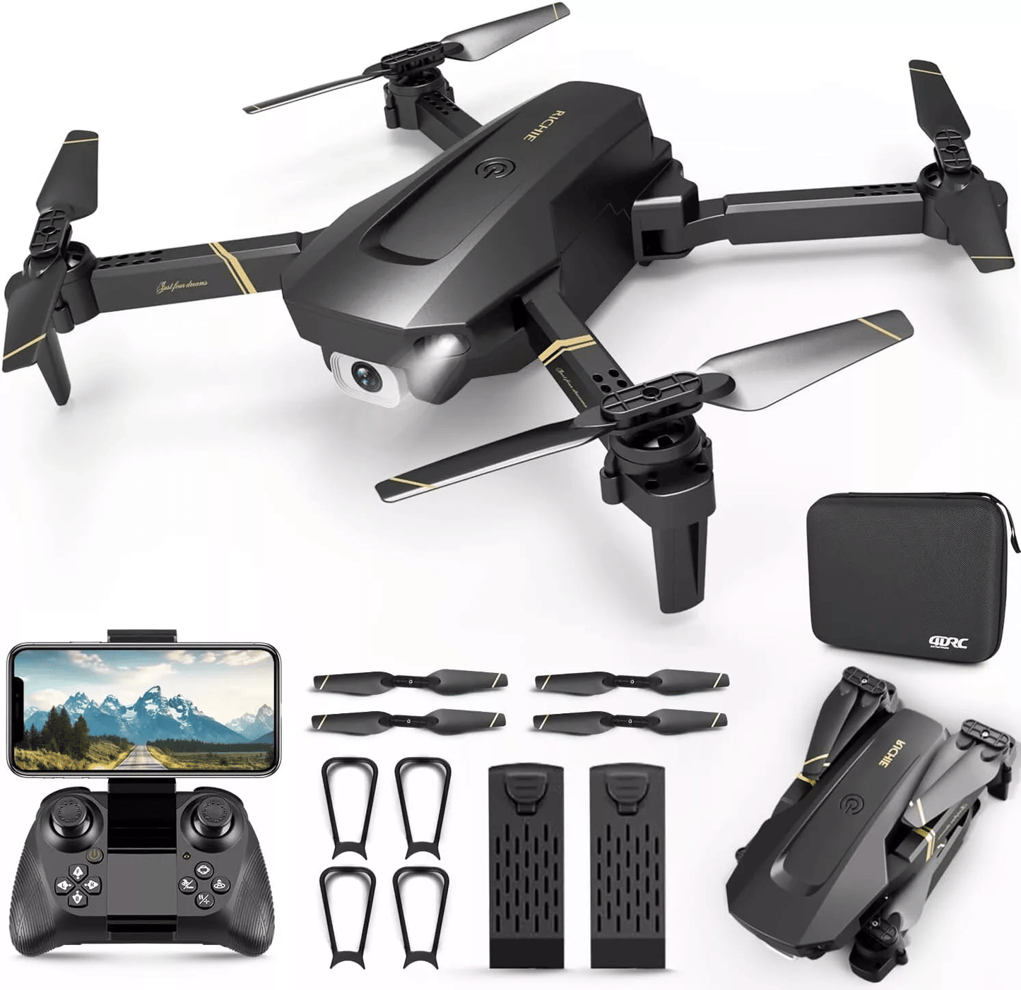 Advanced 1080P Camera Foldable RC Drone with Dual Batteries & Carry Case, featuring a sleek design and accessories including remote control, propellers, and carry case. Ideal for kids and beginners looking for a fun 1080p camera drone experience.