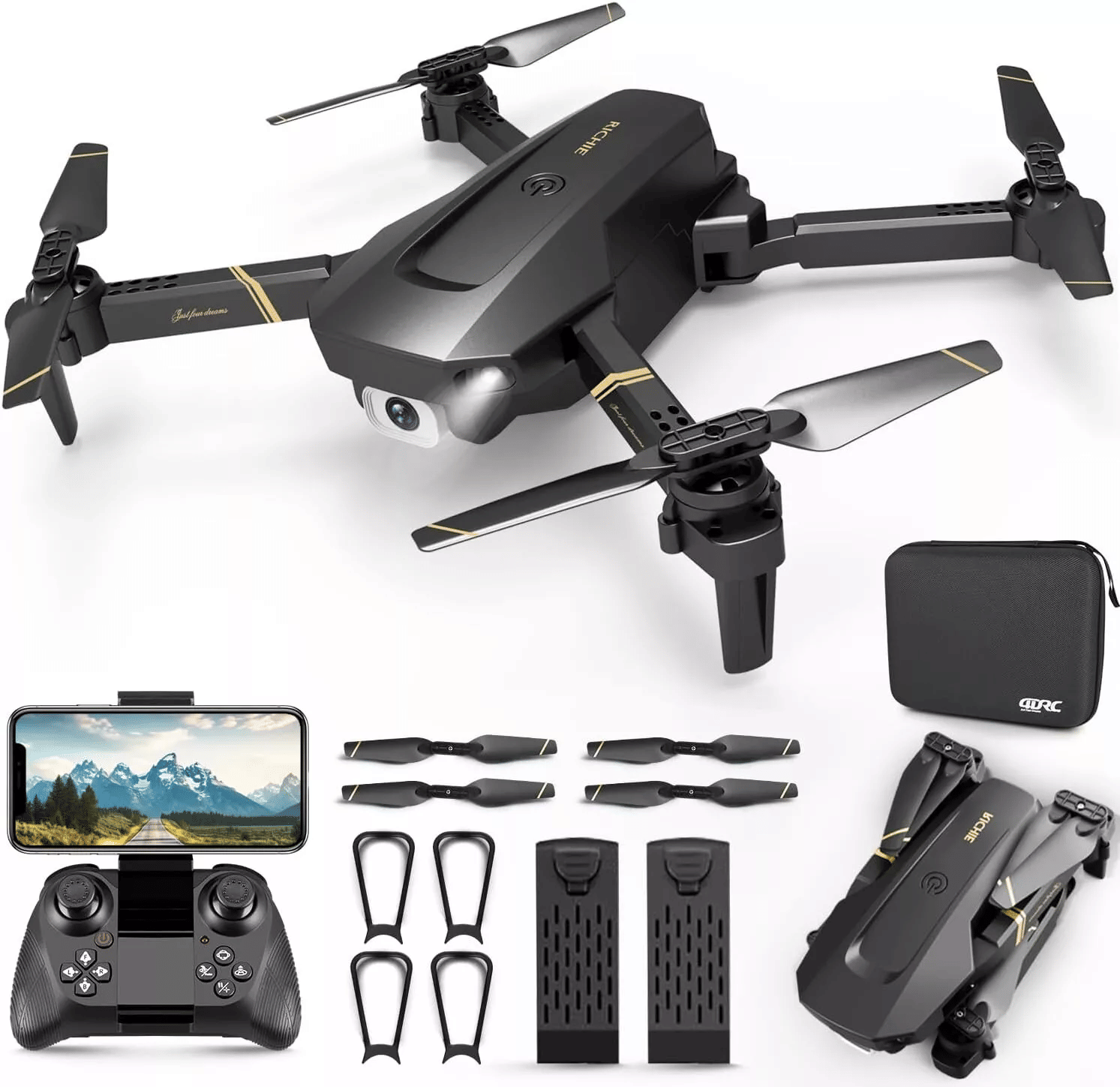 Advanced 1080P Camera Foldable RC Drone with Dual Batteries & Carry Case, featuring a sleek design and accessories including remote control, propellers, and carry case. Ideal for kids and beginners looking for a fun 1080p camera drone experience.