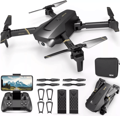 Advanced 1080P Camera Foldable RC Drone with Dual Batteries & Carry Case, featuring a sleek design and accessories including remote control, propellers, and carry case. Ideal for kids and beginners looking for a fun 1080p camera drone experience.