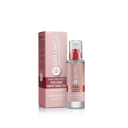 Wellness Volumeplex Serum bottle with packaging enriched with organic cold-pressed hemp seed oil for fine hair types.