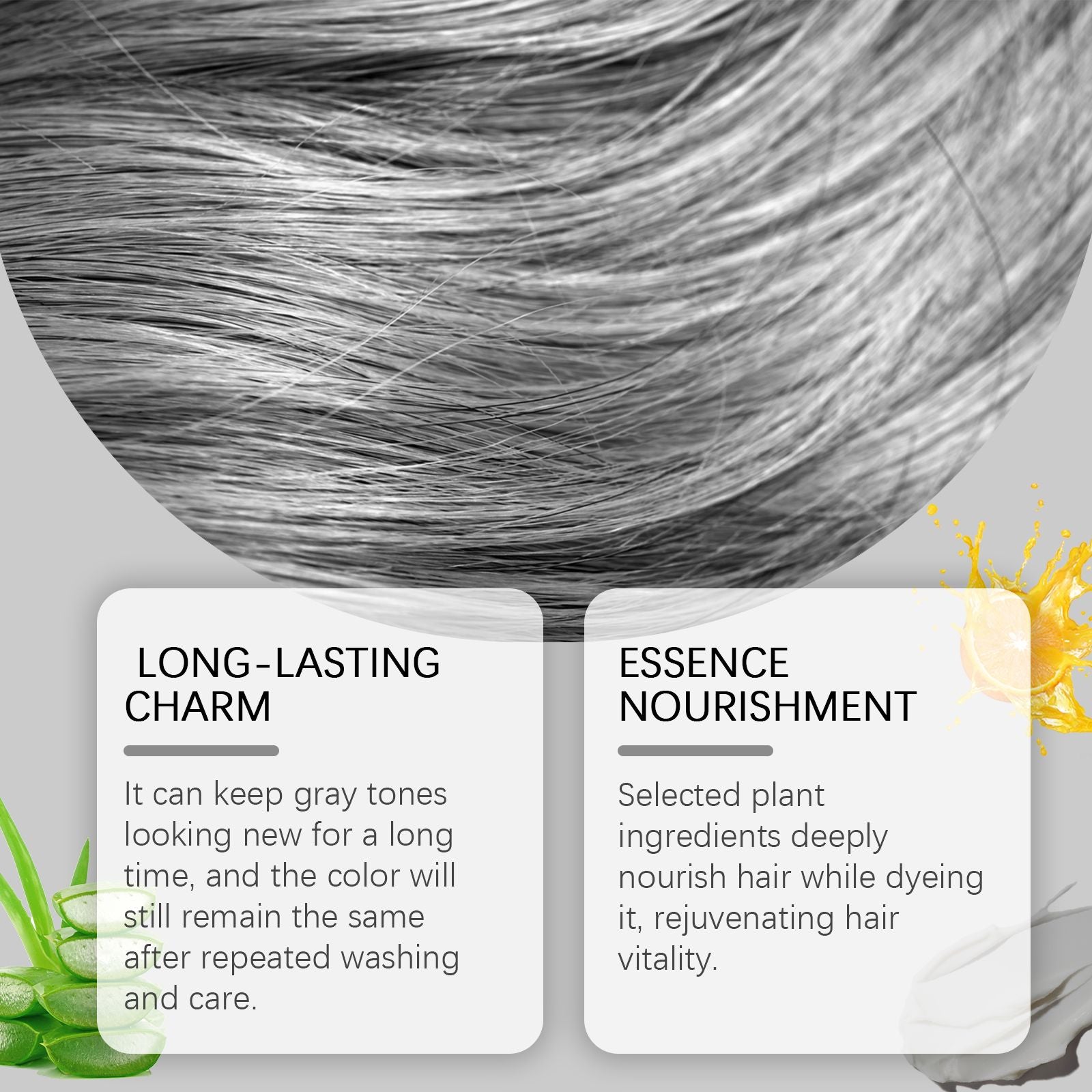 Features of Vibrant Silver Hair Color Cream highlighting long-lasting charm and essence nourishment for healthy hair.