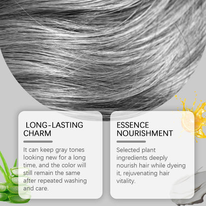 Features of Vibrant Silver Hair Color Cream highlighting long-lasting charm and essence nourishment for healthy hair.