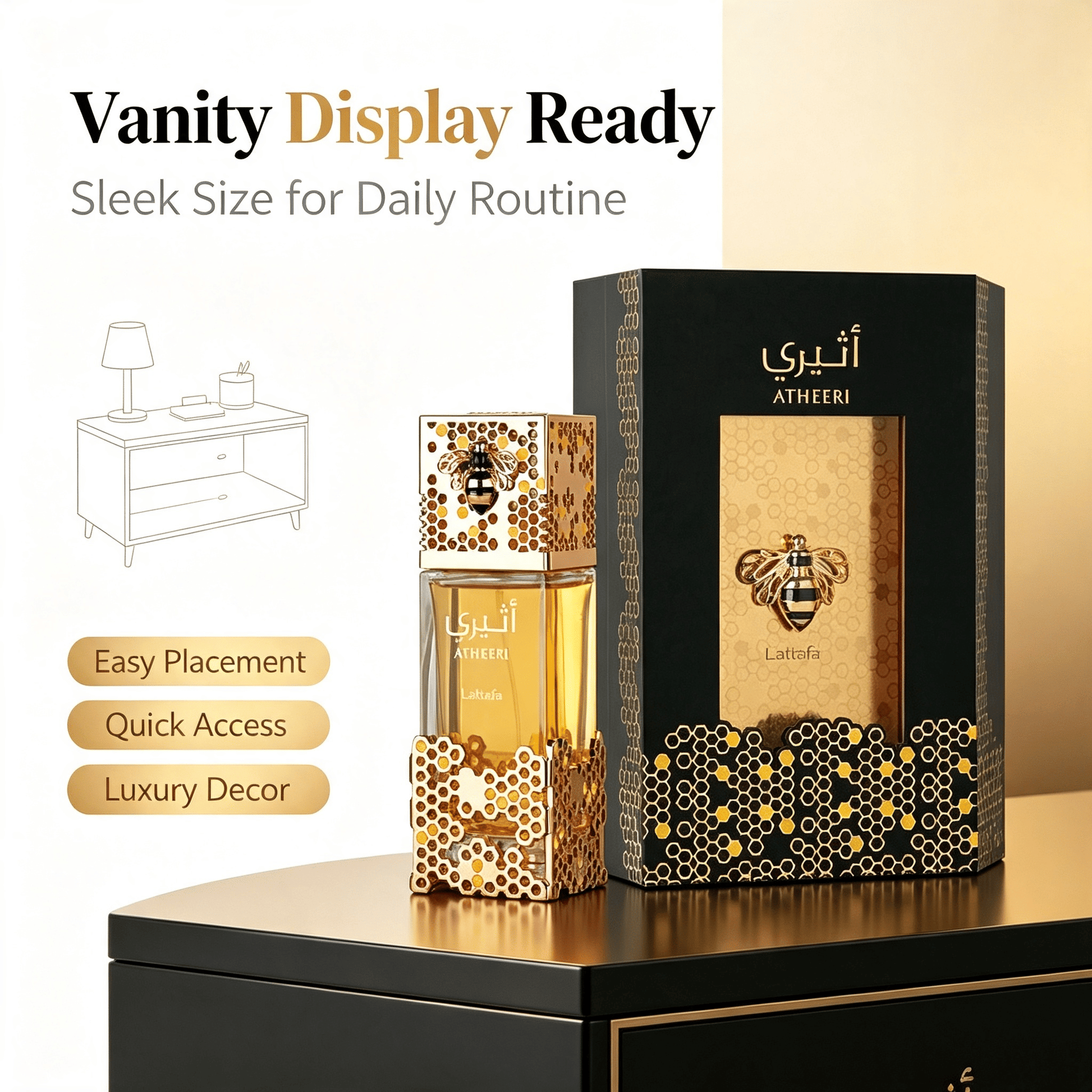 Unisex Eau de Parfum 100ml, Luxurious Honey Bee Carved Bottle displayed in a stylish setting, ideal for daily wear.