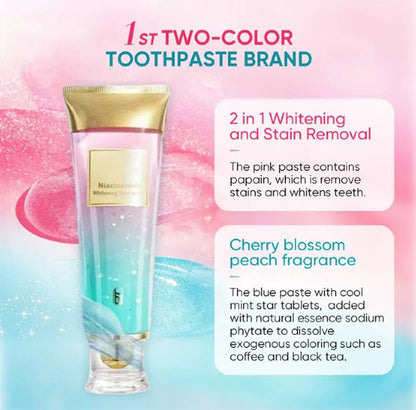 Niacinamide Whitening Toothpaste tube and packaging showcasing fluorine-free formula for bright teeth.