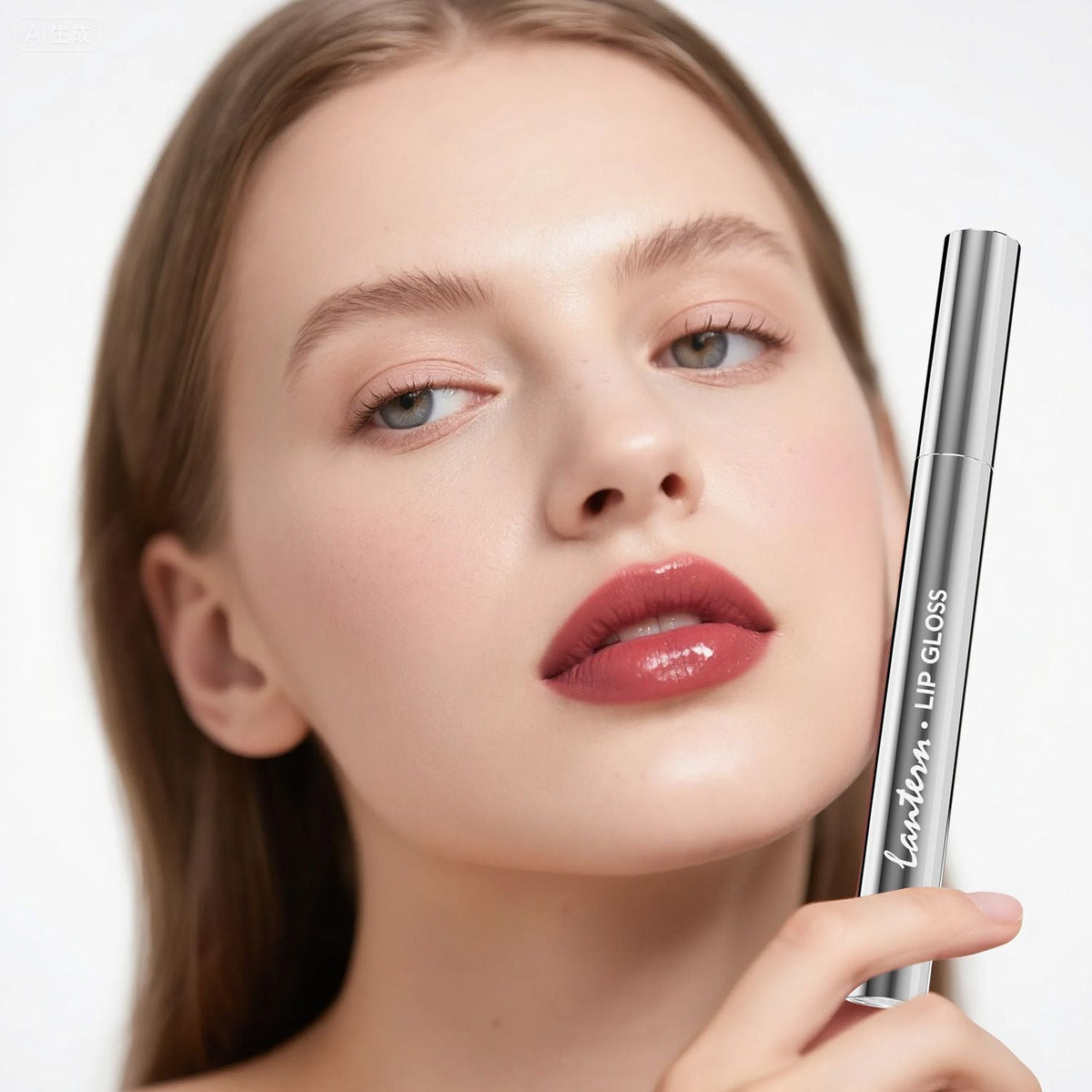 Ultra-Hydrating Lip Gloss on lips with rich glossy berry color, smooth texture, and metallic silver tube packaging held by woman