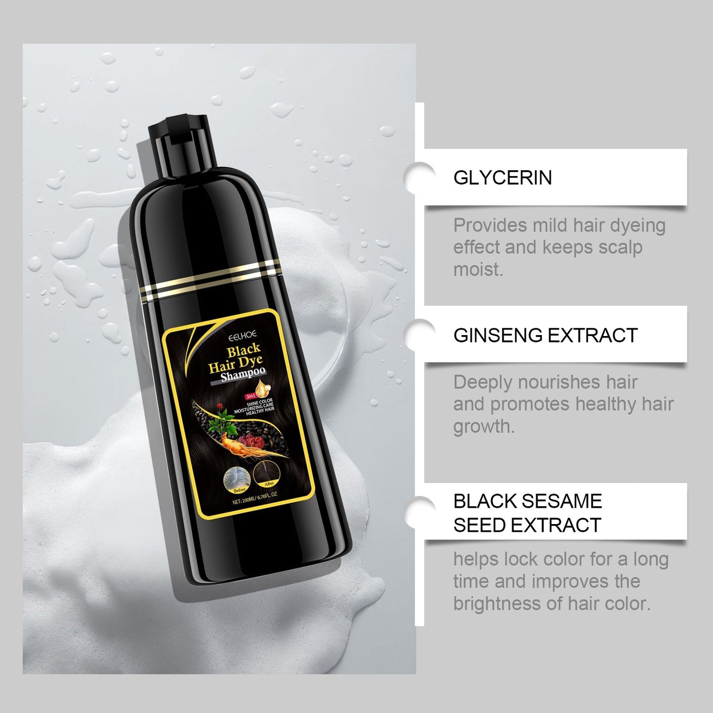 Natural 3-in-1 Hair Color Shampoo with Plant Extracts for Gray Coverage featuring ingredients like glycerin and ginseng for healthy hair.