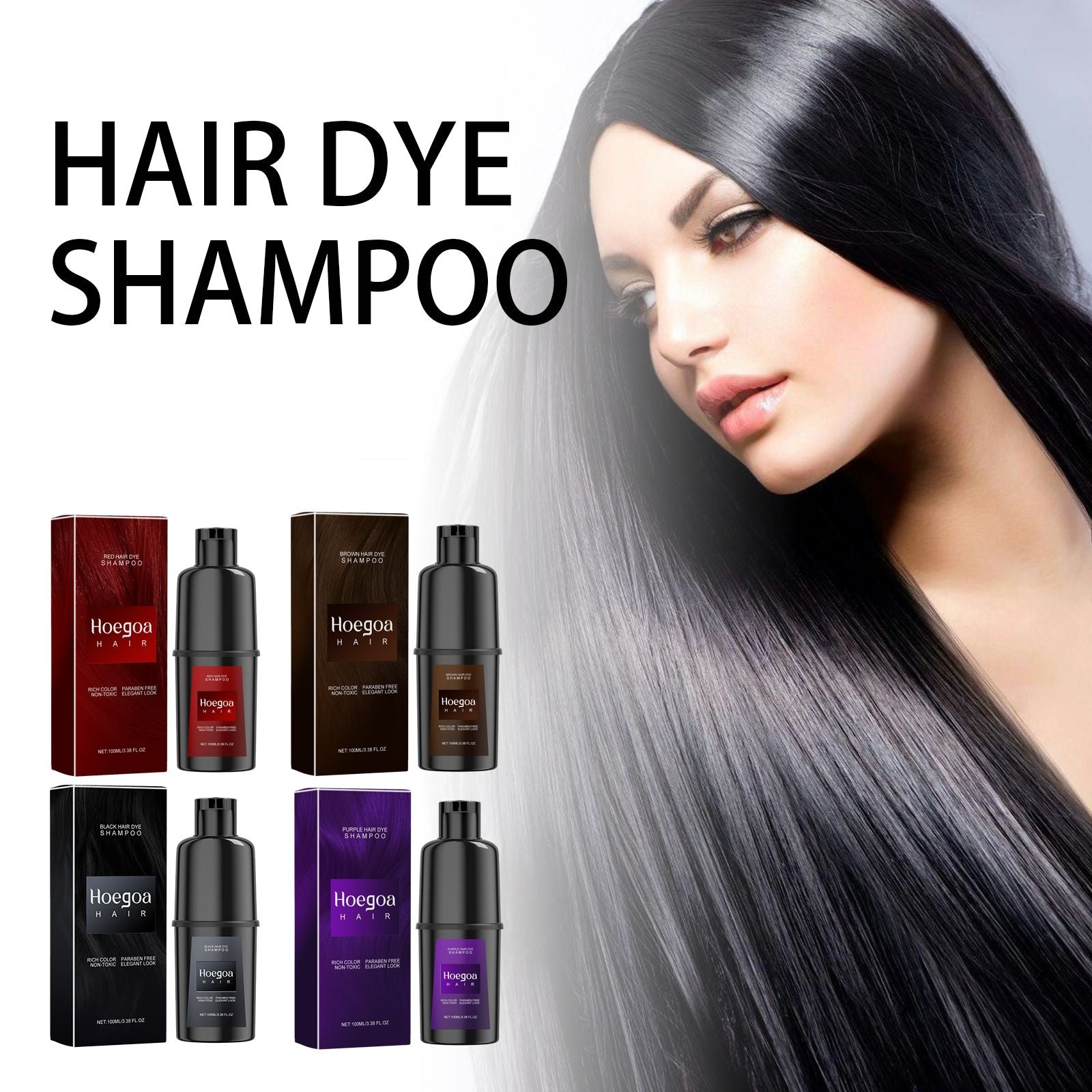 A striking image of a model with luxurious hair, presenting various Hoegoa Hair Vibrant Color Hair Shampoo options.