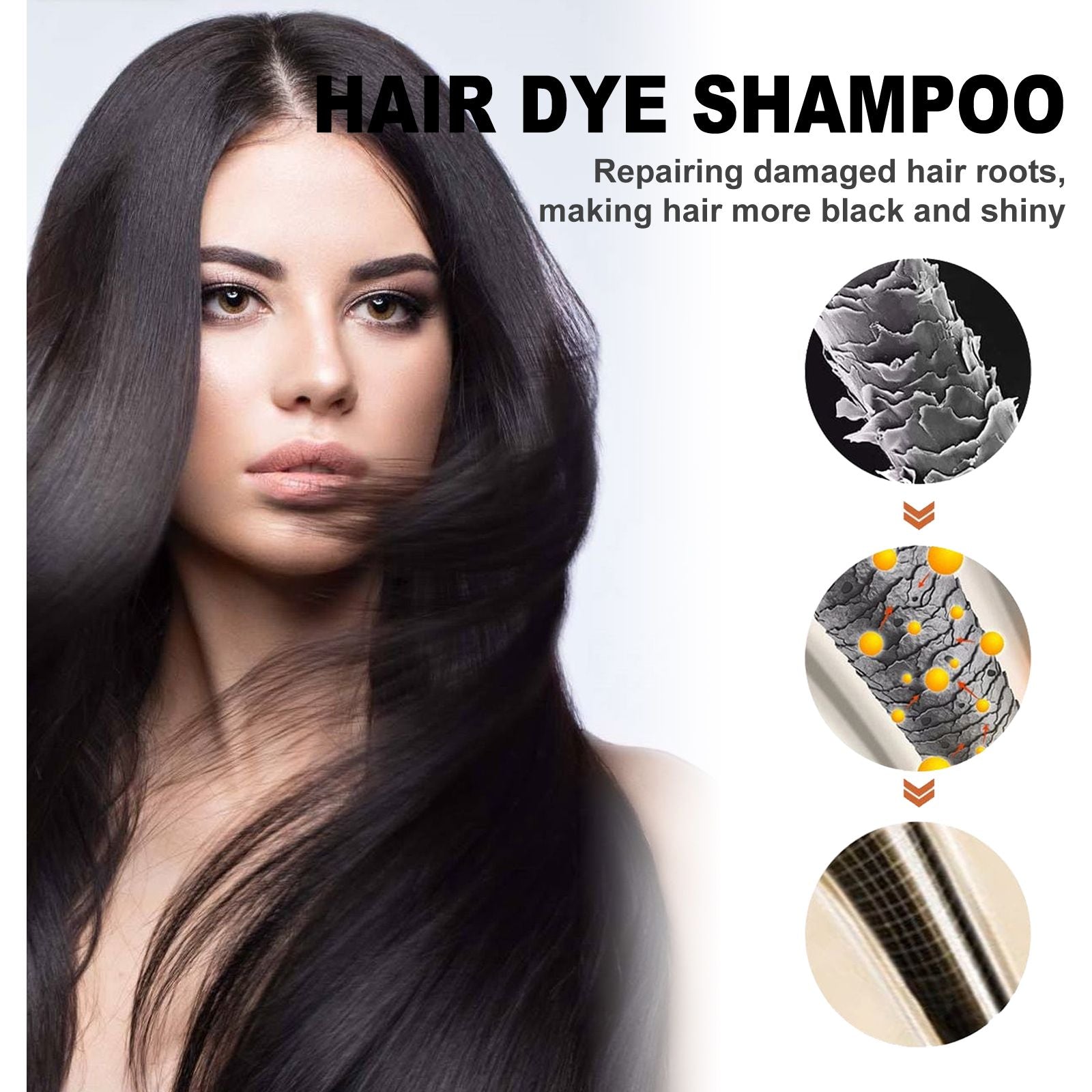 Organic 3-in-1 Hair Color Shampoo 500ml - Close-up of healthy, shiny black hair showing results from hair dye shampoo.