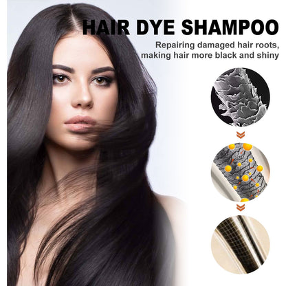 Organic 3-in-1 Hair Color Shampoo 500ml - Close-up of healthy, shiny black hair showing results from hair dye shampoo.
