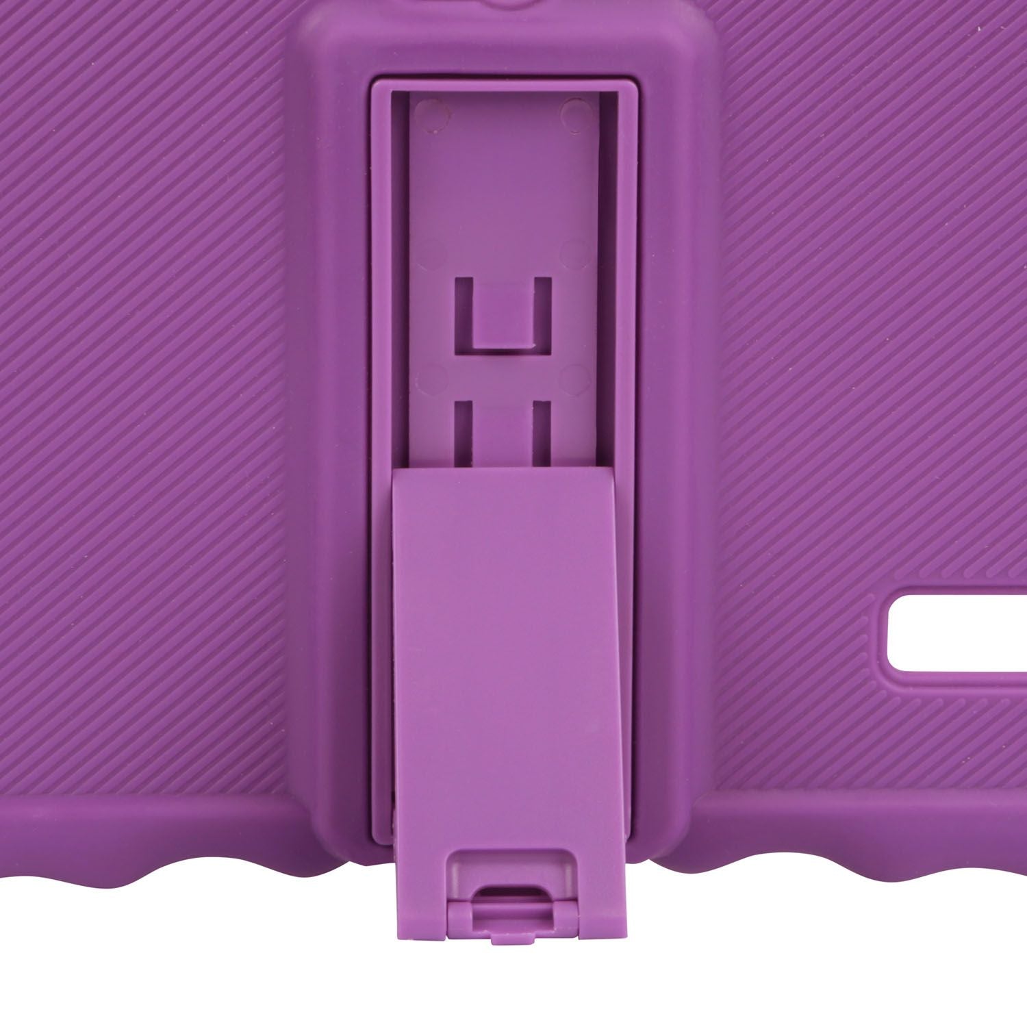 Front display of a 7-inch tablet in a purple silicone case, showcasing user-friendly features.