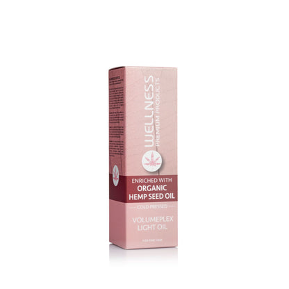 Wellness Volumeplex Serum packaging featuring organic cold-pressed hemp seed oil, designed for fine hair types.