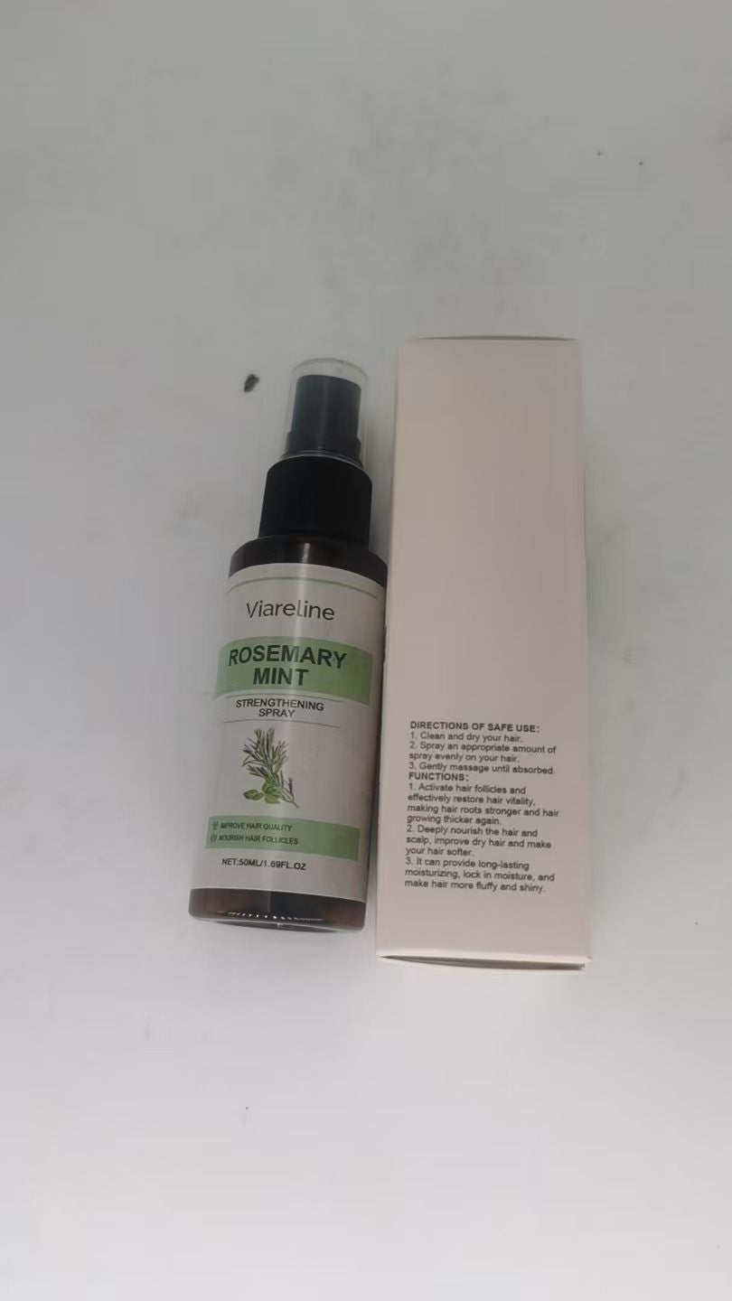 VIARELINE Rosemary Mint Infused Leave-In Hair Spray for All Hair Types - 50 ml, bottle displayed with usage directions.