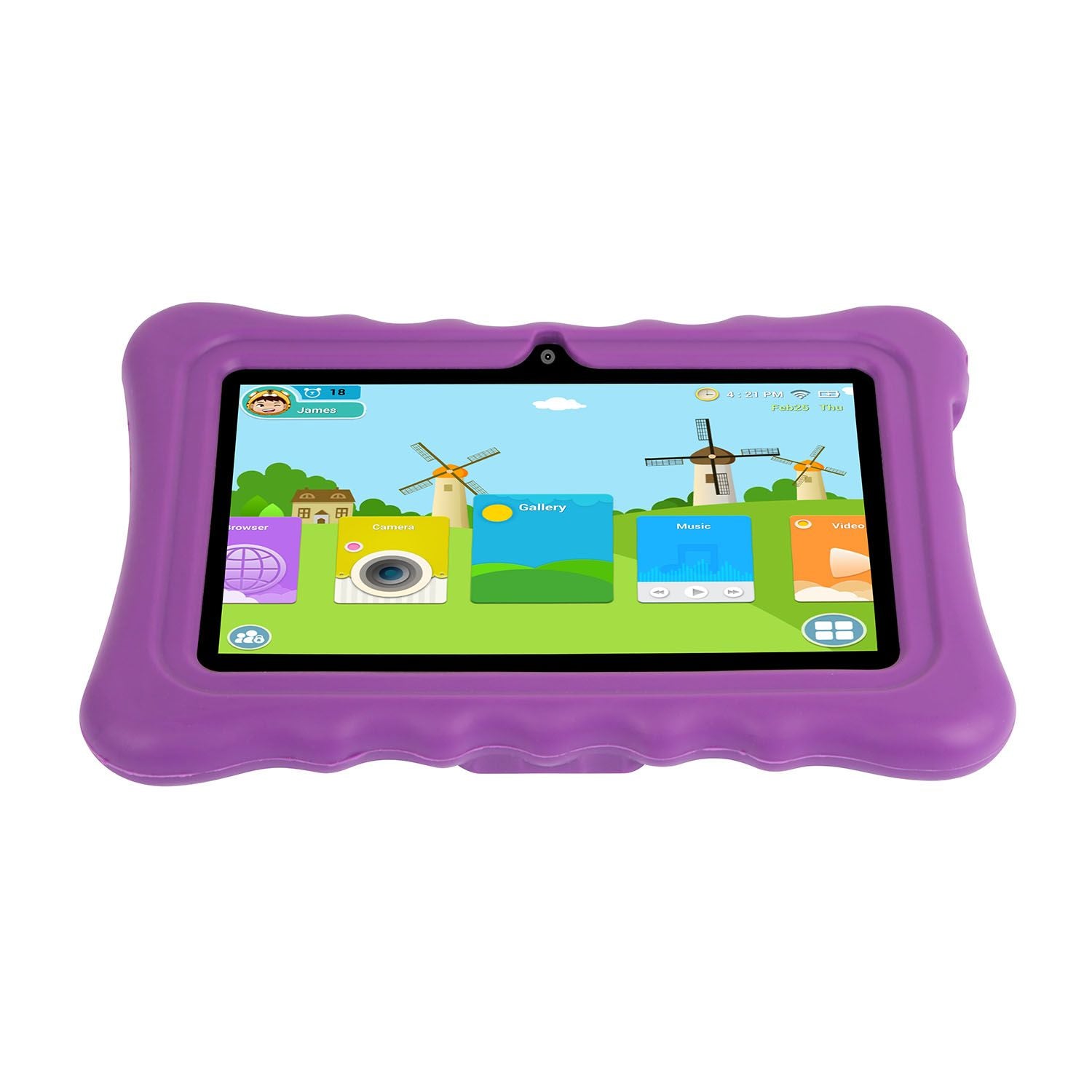 Hand holding a vibrant purple shock-resistant silicone tablet case displaying its flexible material.
