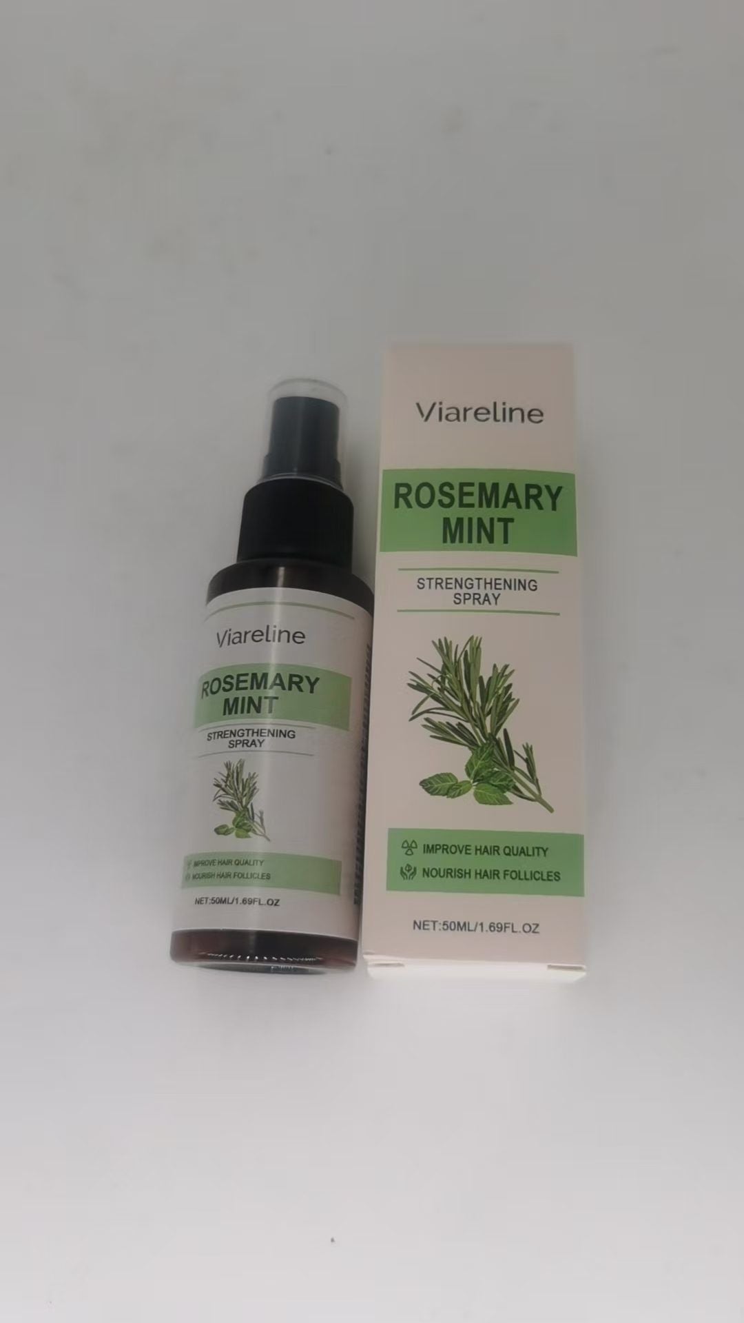 VIARELINE Rosemary Mint Infused Leave-In Hair Spray for All Hair Types - 50 ml bottle and package viewed from above.