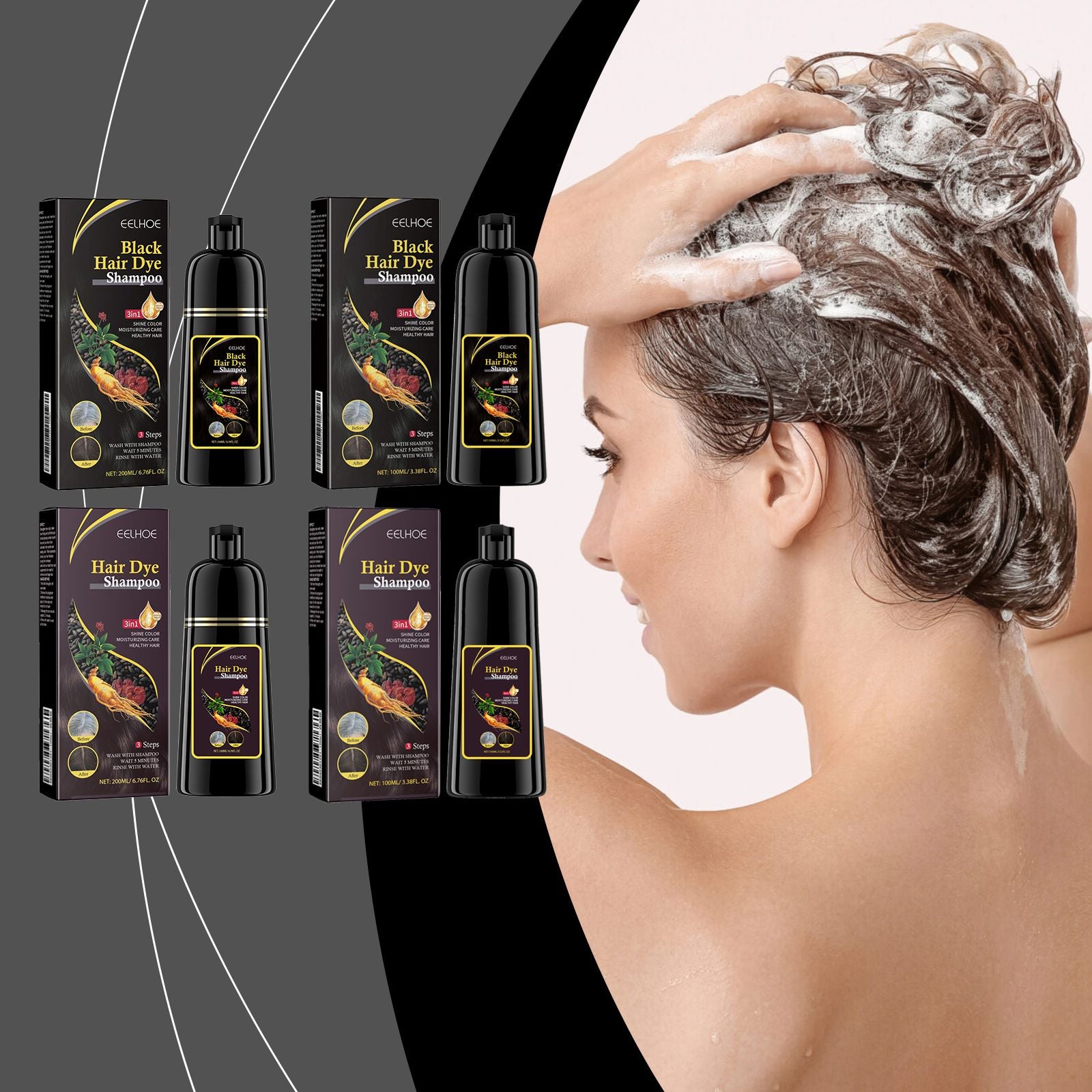Natural 3-in-1 Hair Color Shampoo with Plant Extracts for Gray Coverage in use, demonstrating the application process for easy at-home hair coloring.