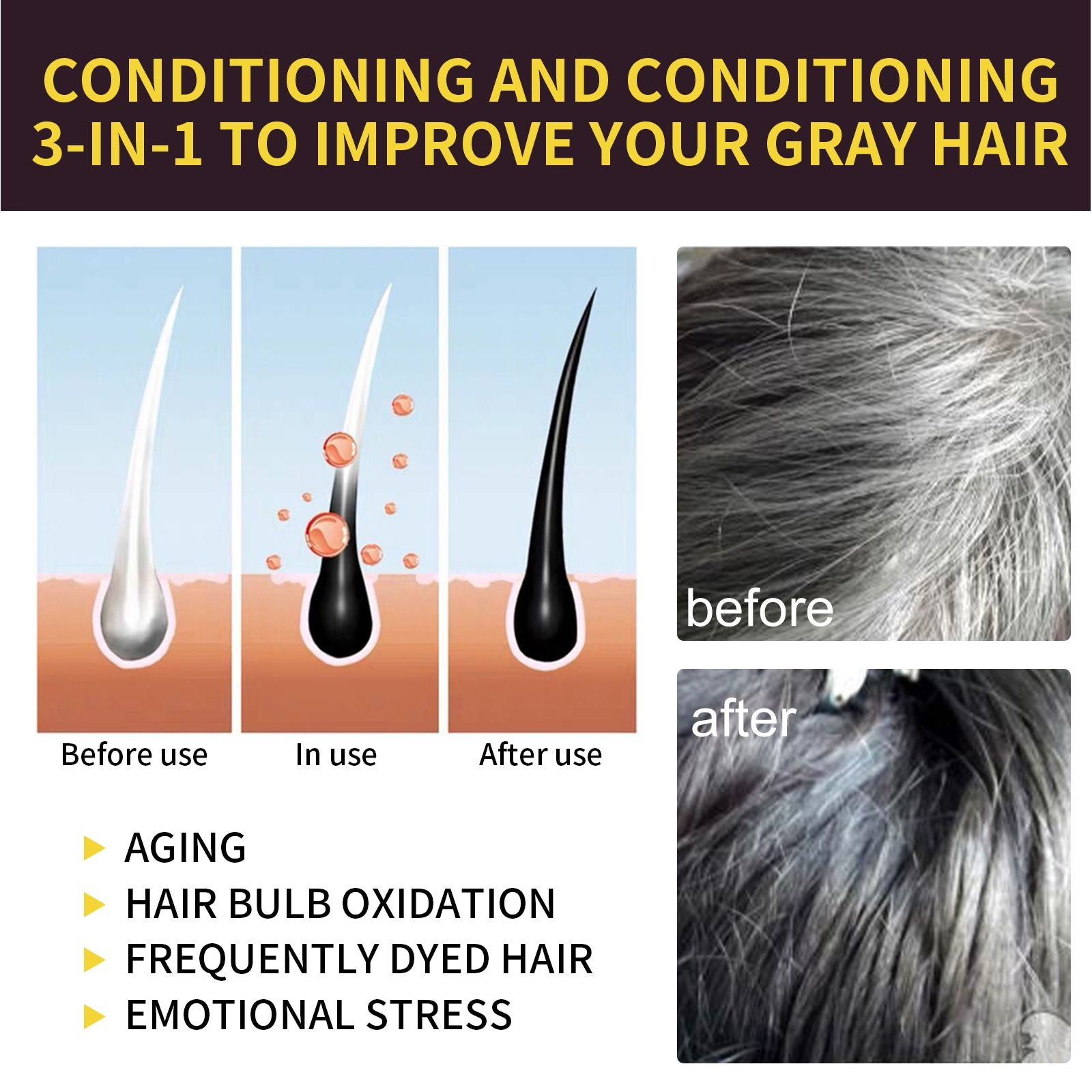 Organic 3-in-1 Hair Color Shampoo 500ml - Condition comparison before and after using the shampoo, showcasing improvement in gray coverage.