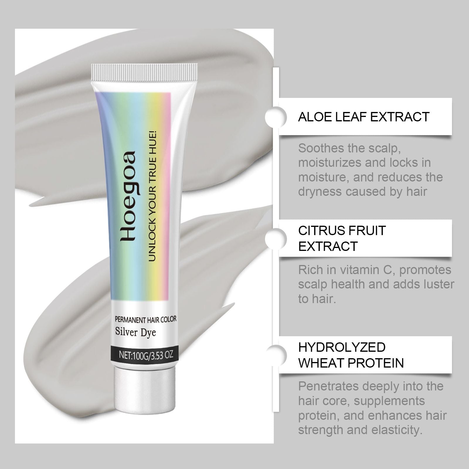 Ingredients in Vibrant Silver Hair Color Cream, showcasing aloe leaf extract and citrus fruit extract for hair nourishment.