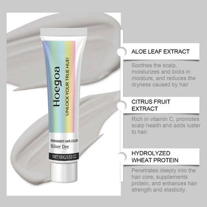 Ingredients in Vibrant Silver Hair Color Cream, showcasing aloe leaf extract and citrus fruit extract for hair nourishment.