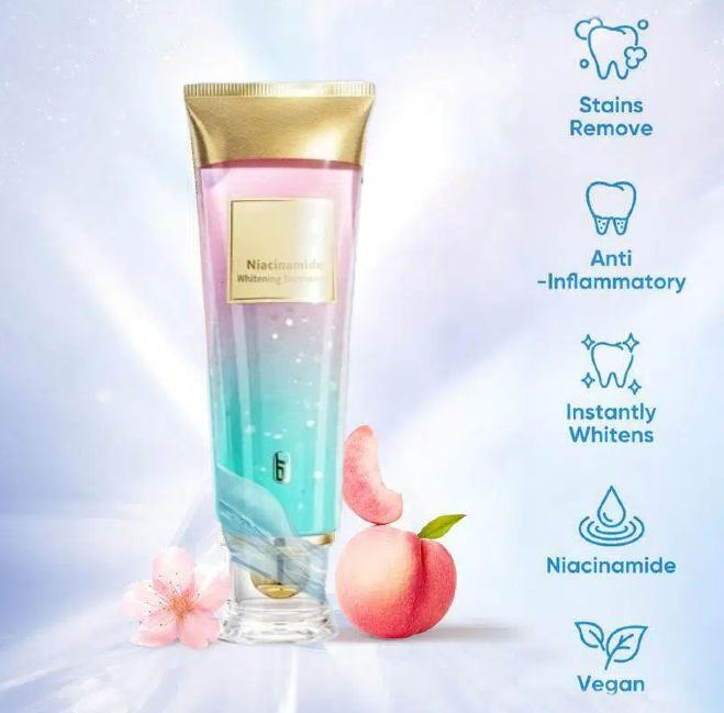 Close-up of Niacinamide Whitening Toothpaste with fresh mint flavor highlighting its stain removal properties.