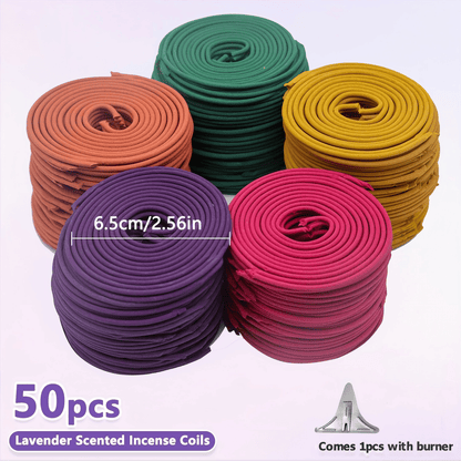 50pcs Spiral Incense Coils, Lemongrass, Rose, Jasmine, Lavender & Orange Aromatherapy, 3-4 Hour Burn shown in stacked lavender, green, yellow, pink, and orange coils with burner