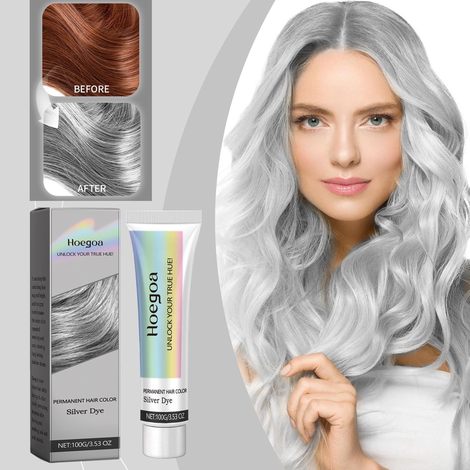 Before and after image of silver hair dye results using Vibrant Silver Hair Color Cream, showing dramatic transformation.