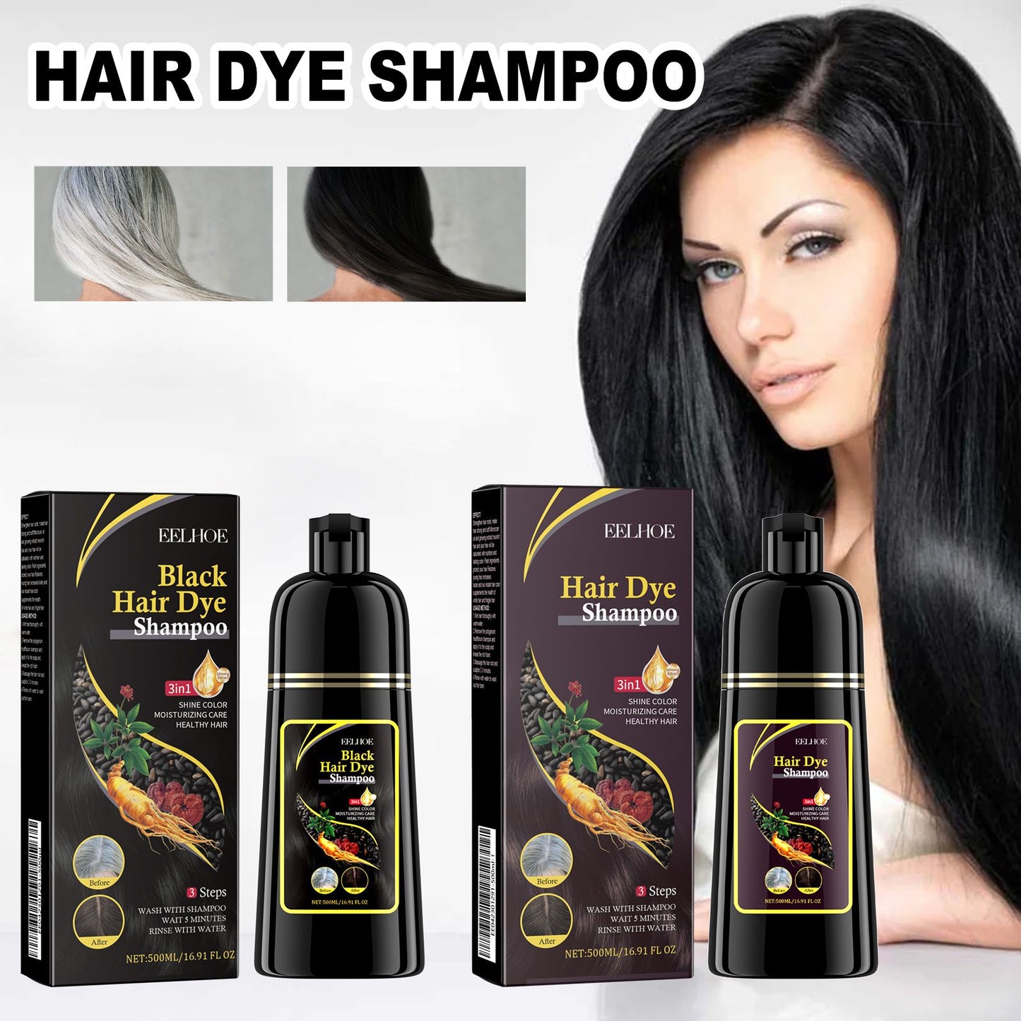 Organic 3-in-1 Hair Color Shampoo 500ml - Before and after image showing gray hair transforming to dark black with the use of hair dye shampoo.