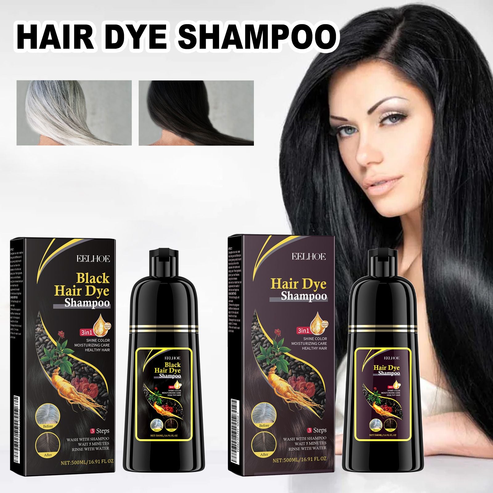 Organic 3-in-1 Hair Color Shampoo 500ml - Before and after image showing gray hair transforming to dark black with the use of hair dye shampoo.