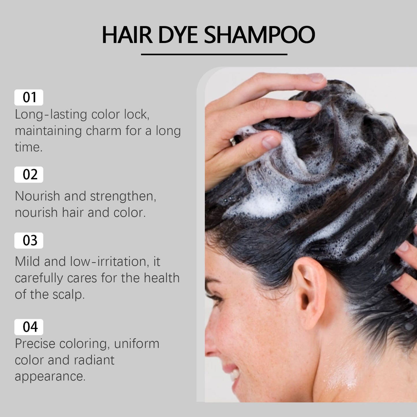 Natural 3-in-1 Hair Color Shampoo with Plant Extracts for Gray Coverage detailing its benefits, including long-lasting color and nourishing properties.