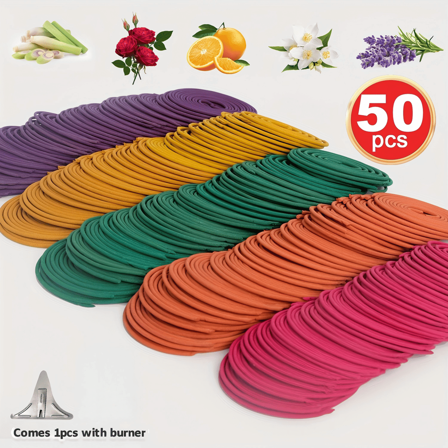 50pcs Spiral Incense Coils, Lemongrass, Rose, Jasmine, Lavender & Orange Aromatherapy, 3-4 Hour Burn colorful assortment with scent icons and included burner