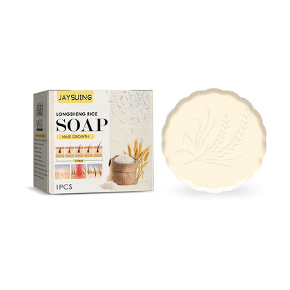 Nourishing Rice Shampoo Soap for Lustrous Hair Restoration product shot. The soap is presented alongside its eco-friendly packaging, highlighting its natural ingredients for hair growth.