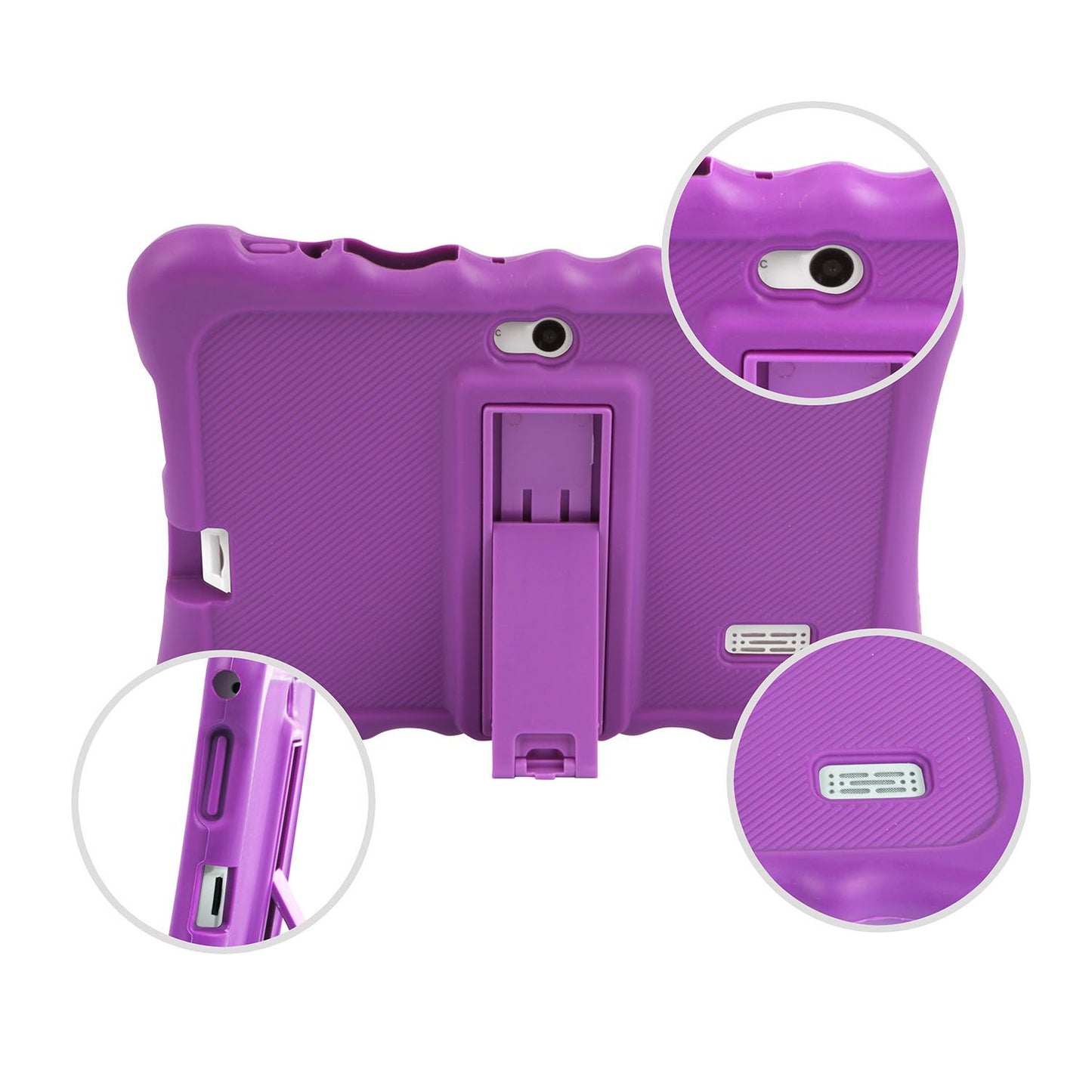 Back view of a purple shock-resistant silicone tablet case, detailing its protective elements and stand.