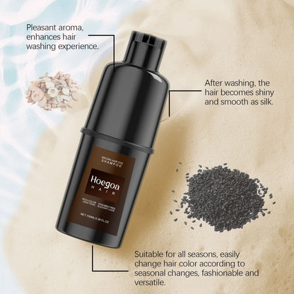 Hoegoa Hair Vibrant Color Hair Shampoo bottle on sandy surface, illustrating a silky smooth hair experience after use.