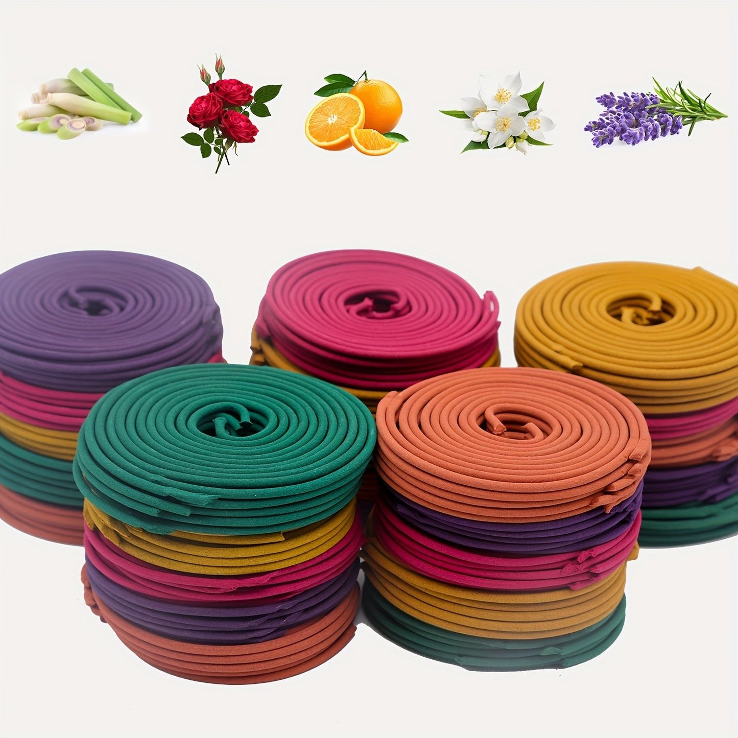 50pcs Spiral Incense Coils, Lemongrass, Rose, Jasmine, Lavender & Orange Aromatherapy, 3-4 Hour Burn displayed in colorful fragrance stacks with lemongrass, rose, orange, jasmine, and lavender icons