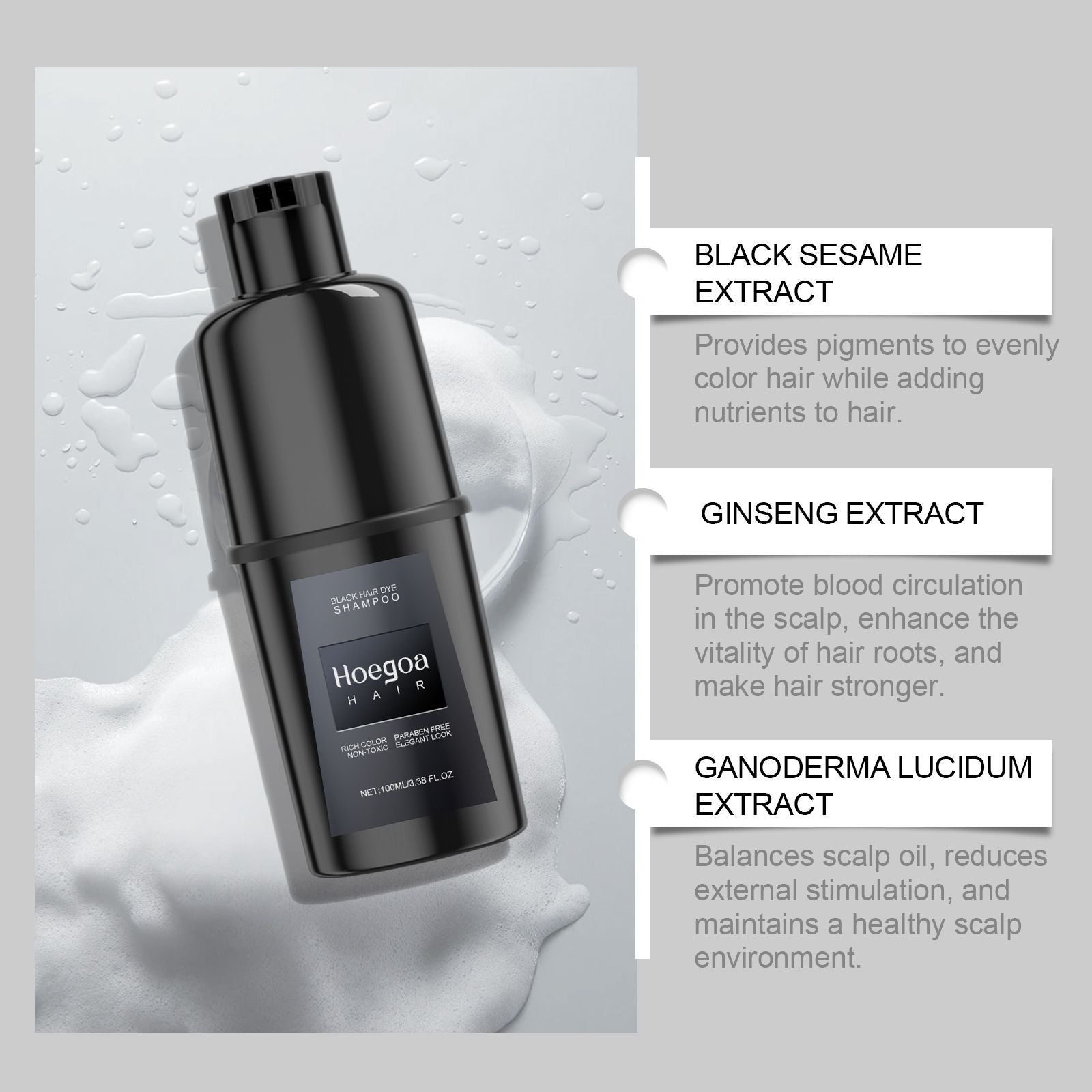 Hoegoa Hair Vibrant Color Hair Shampoo with black sesame extract, showcasing benefits like color pigmentation and nutrients for hair care.